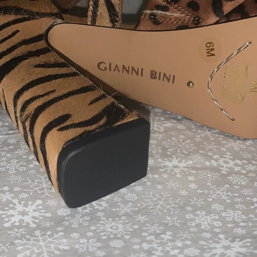 Gianni BINI‎ Calf Hair Leather Animal Print Strappy Heel Platform Sandals Size 6